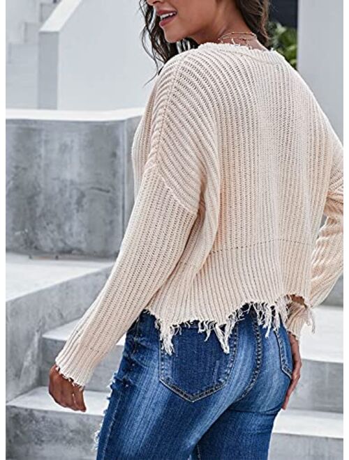 Sidefeel Women V-Neck Long Sleeve Loose Ripped Pullover Knit Sweater Crop Top