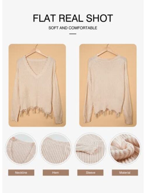 Sidefeel Women V-Neck Long Sleeve Loose Ripped Pullover Knit Sweater Crop Top