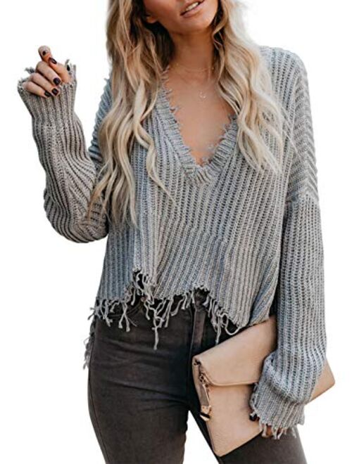 Sidefeel Women V-Neck Long Sleeve Loose Ripped Pullover Knit Sweater Crop Top