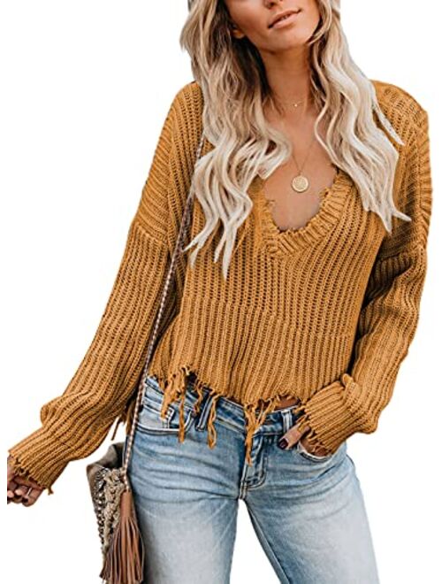 Sidefeel Women V-Neck Long Sleeve Loose Ripped Pullover Knit Sweater Crop Top