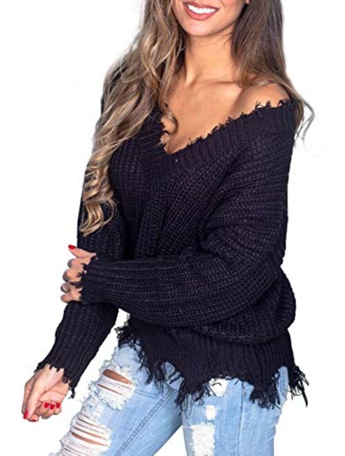 Sidefeel Women V-Neck Long Sleeve Loose Ripped Pullover Knit Sweater Crop Top