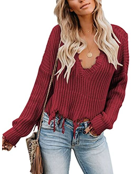 Sidefeel Women V-Neck Long Sleeve Loose Ripped Pullover Knit Sweater Crop Top