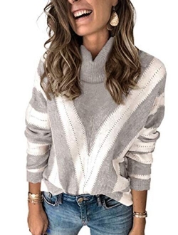 Sidefeel Women Striped Long Sleeve Drawstring Hem Color Block Knit Pullover Sweater Tops