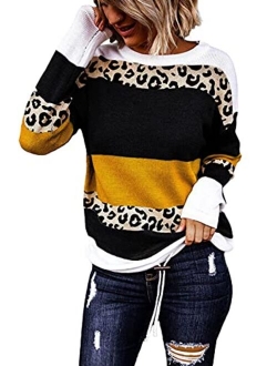 Sidefeel Women Striped Long Sleeve Drawstring Hem Color Block Knit Pullover Sweater Tops