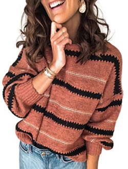 Sidefeel Women Striped Long Sleeve Drawstring Hem Color Block Knit Pullover Sweater Tops