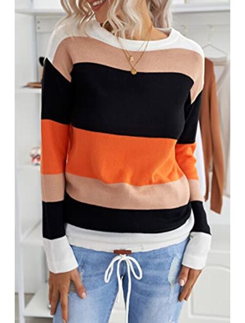 Sidefeel Women Striped Long Sleeve Drawstring Hem Color Block Knit Pullover Sweater Tops