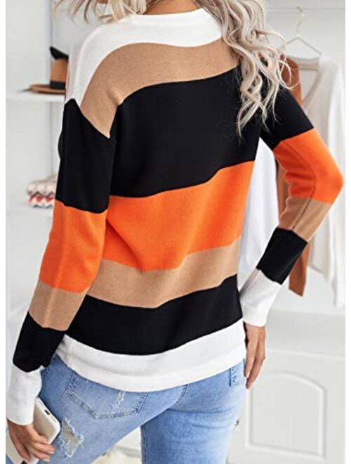 Sidefeel Women Striped Long Sleeve Drawstring Hem Color Block Knit Pullover Sweater Tops