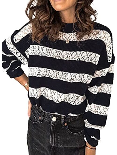 Sidefeel Women Striped Long Sleeve Drawstring Hem Color Block Knit Pullover Sweater Tops