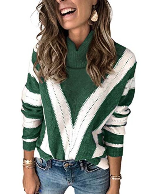 Sidefeel Women Striped Long Sleeve Drawstring Hem Color Block Knit Pullover Sweater Tops