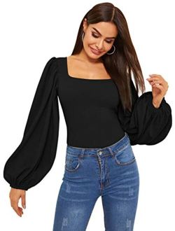 Women's Long Puff Sleeve Square Neck Slim Fit Crop Tops Blouse