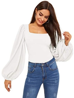 Women's Long Puff Sleeve Square Neck Slim Fit Crop Tops Blouse