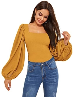 Women's Long Puff Sleeve Square Neck Slim Fit Crop Tops Blouse