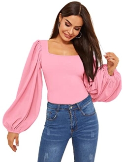 Women's Long Puff Sleeve Square Neck Slim Fit Crop Tops Blouse