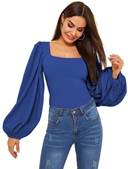 Women's Long Puff Sleeve Square Neck Slim Fit Crop Tops Blouse