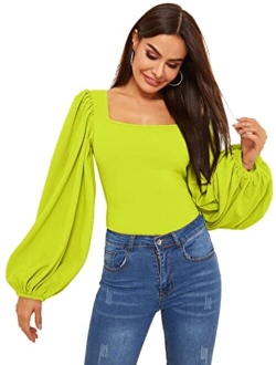 Women's Long Puff Sleeve Square Neck Slim Fit Crop Tops Blouse