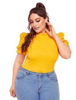 Plus Size Rib Knit Lantern Short Sleeve Mock Neck Frill Trim Blouse Top Tee