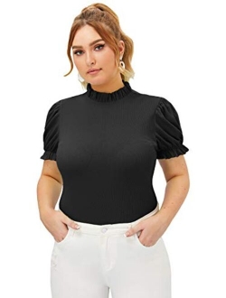 Plus Size Rib Knit Lantern Short Sleeve Mock Neck Frill Trim Blouse Top Tee