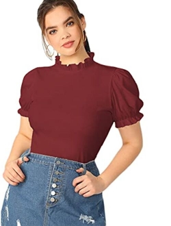 Plus Size Rib Knit Lantern Short Sleeve Mock Neck Frill Trim Blouse Top Tee