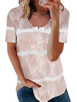 Sidefeel Women Short Sleeve V Neck Button Detail T Shirt Casual Basic Tunic Tops