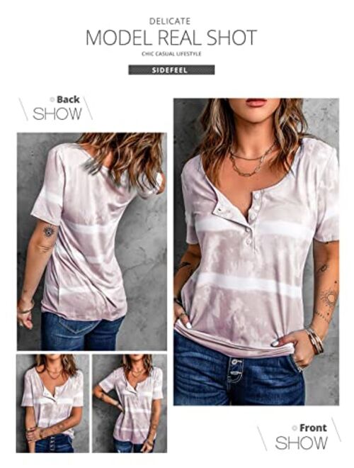 Sidefeel Women Short Sleeve V Neck Button Detail T Shirt Casual Basic Tunic Tops