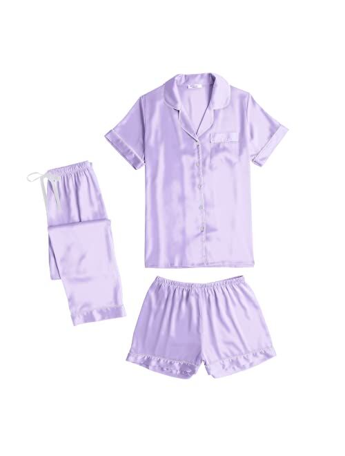 Ekouaer Silk Satin Short Sleeve Pajama Set Shorts S-XXL