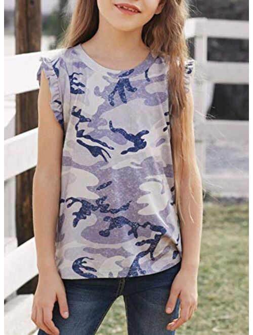 Sidefeel Girls Cute Camouflage Print Sleeveless T-Shirt Ballet Dance Suit Ruffled Sleeves Round Neck Tank Top