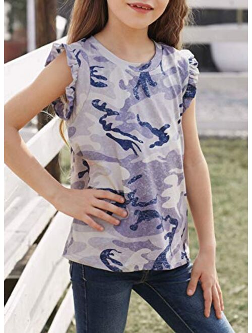 Sidefeel Girls Cute Camouflage Print Sleeveless T-Shirt Ballet Dance Suit Ruffled Sleeves Round Neck Tank Top