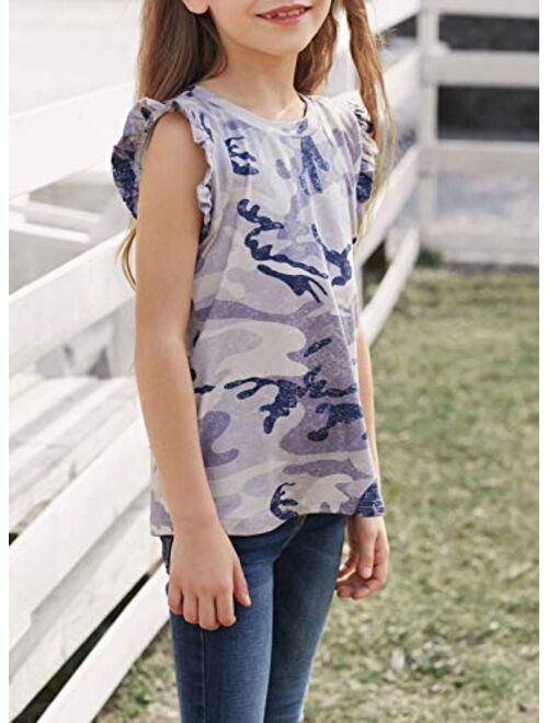 Sidefeel Girls Cute Camouflage Print Sleeveless T-Shirt Ballet Dance Suit Ruffled Sleeves Round Neck Tank Top