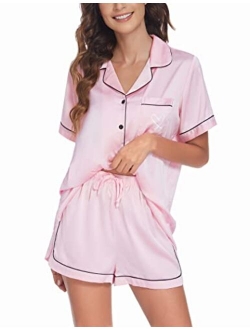 Satin Short Sleeve Two Piece Pajama Sets Sleepwear S-XXL