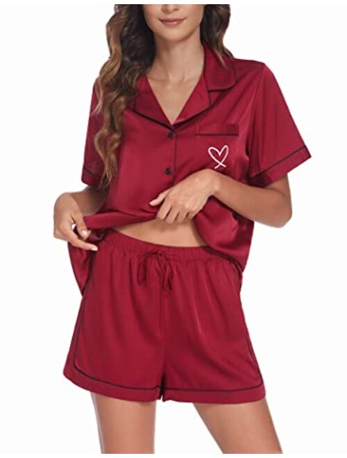 Ekouaer Satin Short Sleeve Two Piece Pajama Sets Sleepwear S-XXL