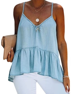 Sidefeel Womens Casual Denim High Neck Halter Tank Top Summer Loose Sleeveless Shirt