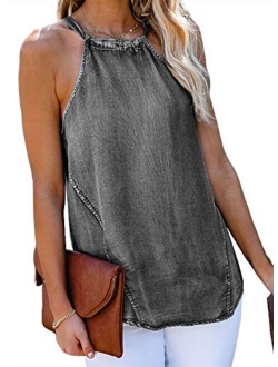 Sidefeel Womens Casual Denim High Neck Halter Tank Top Summer Loose Sleeveless Shirt