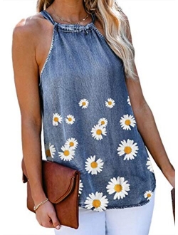 Sidefeel Womens Casual Denim High Neck Halter Tank Top Summer Loose Sleeveless Shirt