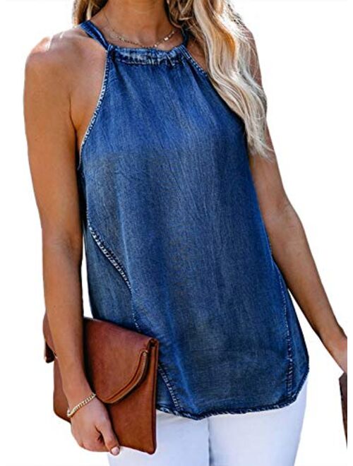 Sidefeel Womens Casual Denim High Neck Halter Tank Top Summer Loose Sleeveless Shirt