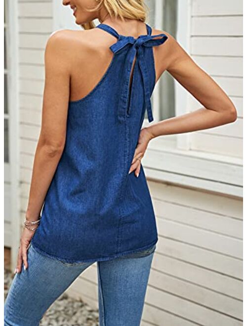 Sidefeel Womens Casual Denim High Neck Halter Tank Top Summer Loose Sleeveless Shirt