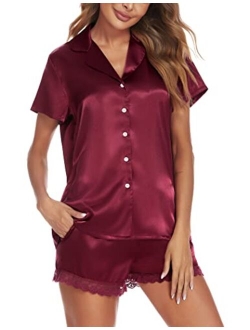 Women's Silk Satin Pajamas Set Lace Tirm Pjs Sets Short Sleeve Sleepwear Button-Down 2-Piece PJ Set