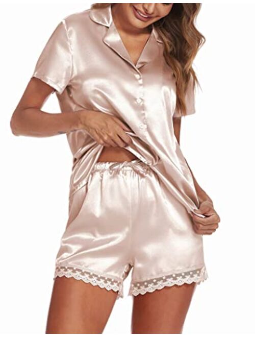 Ekouaer Women's Silk Satin Pajamas Set Lace Tirm Pjs Sets Short Sleeve Sleepwear Button-Down 2-Piece PJ Set