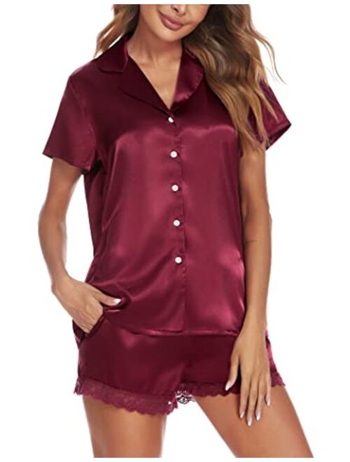 Ekouaer Women's Silk Satin Pajamas Set Lace Tirm Pjs Sets Short Sleeve Sleepwear Button-Down 2-Piece PJ Set