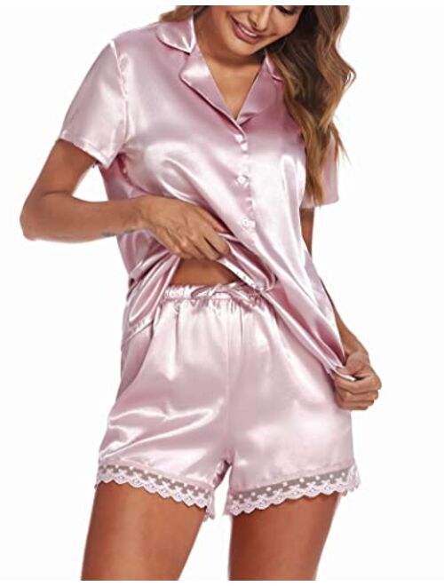 Ekouaer Women's Silk Satin Pajamas Set Lace Tirm Pjs Sets Short Sleeve Sleepwear Button-Down 2-Piece PJ Set