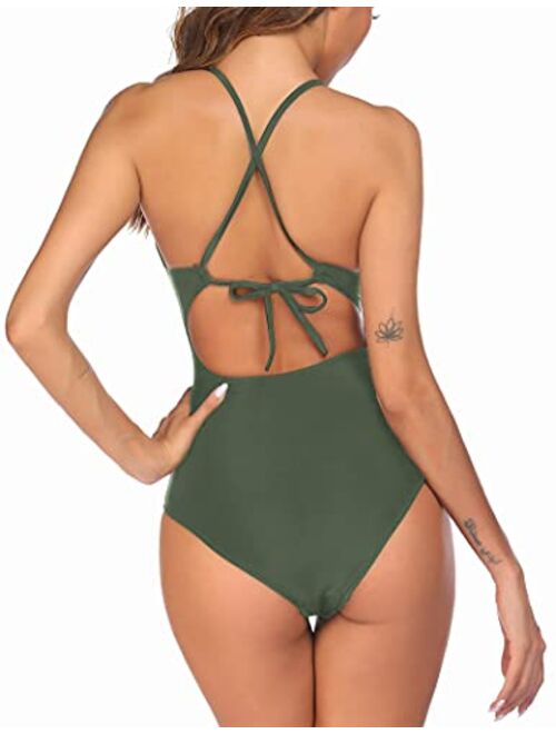 Ekouaer Womens One Piece Swimsuit Bathing Suit Deep V Neck Swimwear Monokinis S-XXL