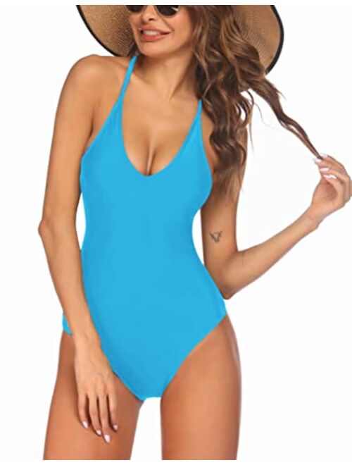 Ekouaer Womens One Piece Swimsuit Bathing Suit Deep V Neck Swimwear Monokinis S-XXL