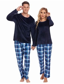 Matching Pajamas for Couples Set Fleece Pjs Long Sleeve Sleepwear Top and Pant Set with Pocket Loungewaer for Winter