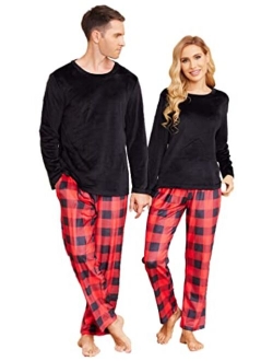 Matching Pajamas for Couples Set Fleece Pjs Long Sleeve Sleepwear Top and Pant Set with Pocket Loungewaer for Winter