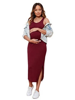 Women's Maternity Rib Knit Split Side Sleeveless Bodycon Tank Pencil Dress