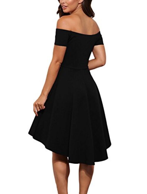 Sidefeel Women Off The Shoulder Short Sleeve High Low Hem Club Cocktail Skater Dress