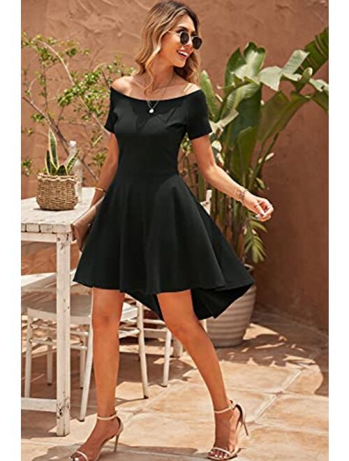 Sidefeel Women Off The Shoulder Short Sleeve High Low Hem Club Cocktail Skater Dress