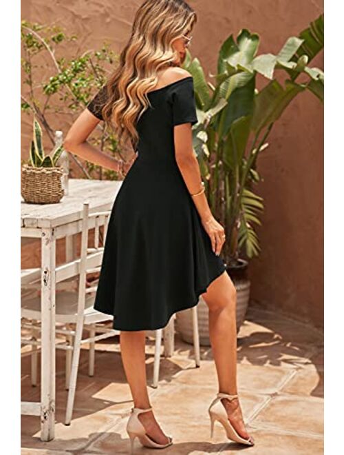 Sidefeel Women Off The Shoulder Short Sleeve High Low Hem Club Cocktail Skater Dress