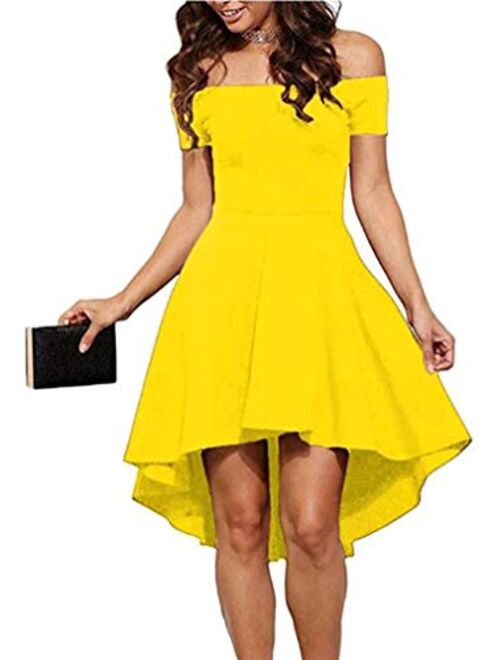 Sidefeel Women Off The Shoulder Short Sleeve High Low Hem Club Cocktail Skater Dress