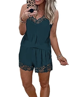 Sidefeel Womens Sexy Lace Pyjamas Sets Trim Satin Sleepwear Cami Tops Short Nightwear Sets S-2XL