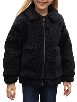 Sidefeel Girl's Soft Lapel Fleece Zip Up Faux Shearling Fluffy Cropped Jacket Coat